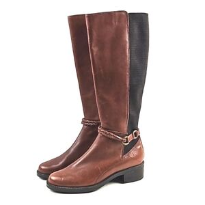 Markon Baretta Brown Leather Braided Strap Side Zip Knee High Equestrian Boot
